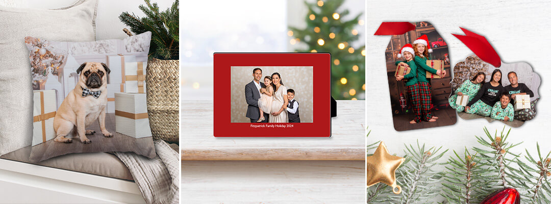 Holiday and Christmas gifts including pillows, frames, and ornaments of your holiday photography. 