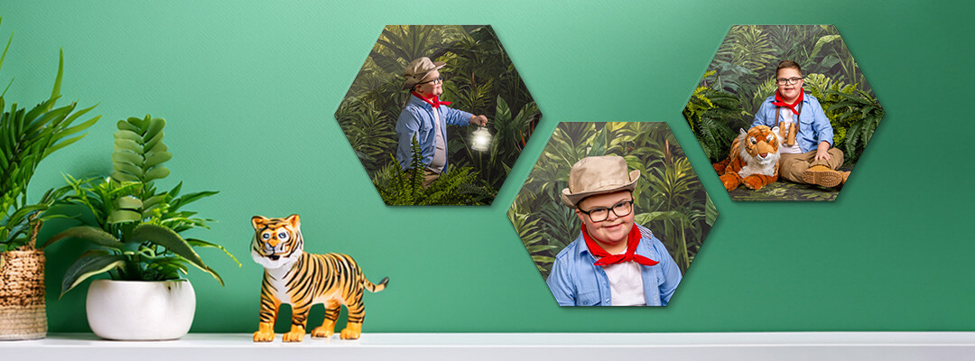 Metal photo tiles in a living room setting, featuring images from a boy's Safari photoshoot.